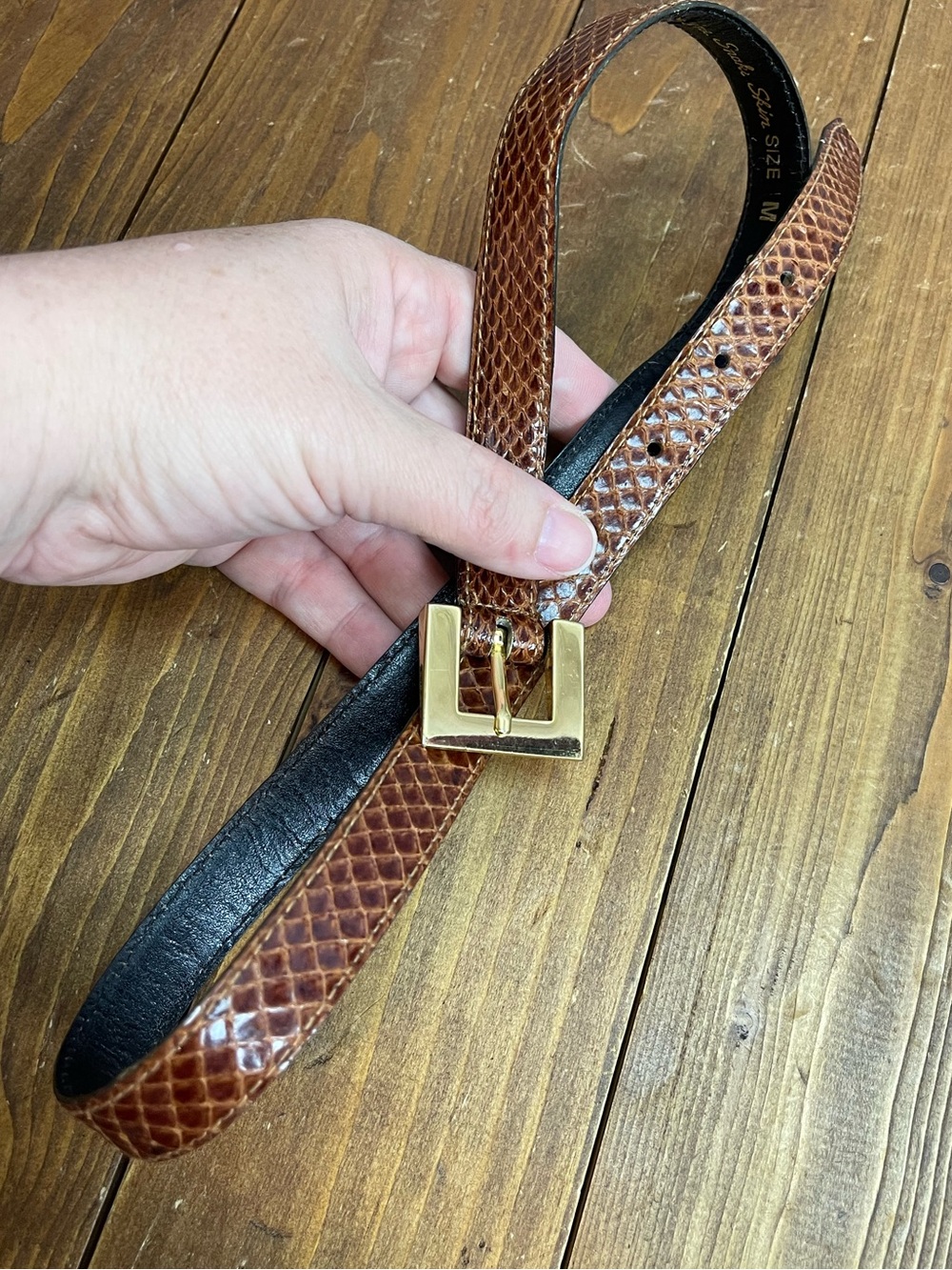 Sheka vintage snakeskin belt with gold tone square buckle size medium